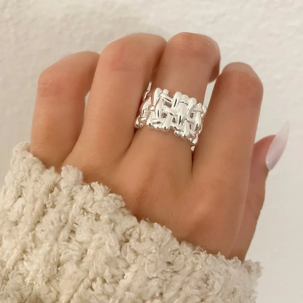 925 Sterling Silver Chunky Bold Statement Ring Thick Wide Ring Woven Ring Band